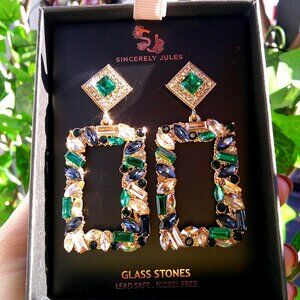 Sincerley Jules Glass Stone Earrings- Emerald/Navy Blue